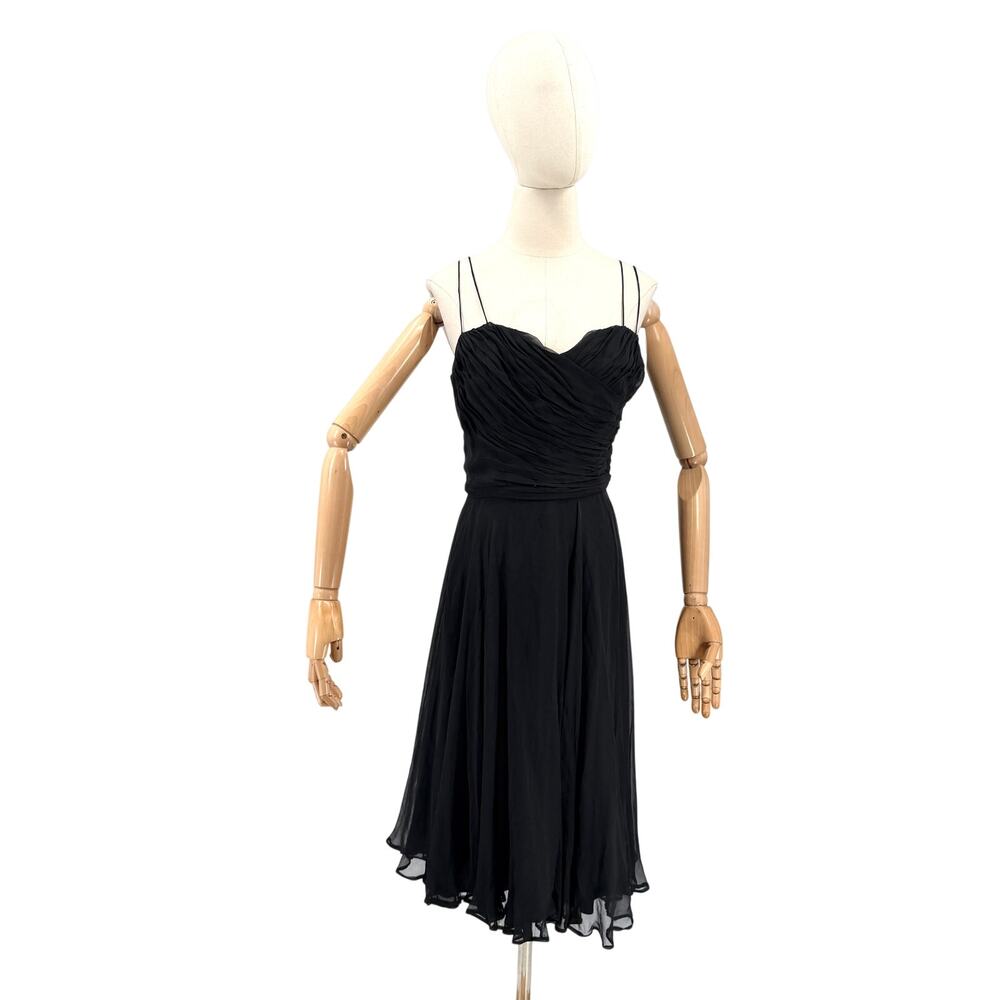 Vintage 50s Black 100% Silk Chiffon Ruched Bodice Stays Cocktail Dress